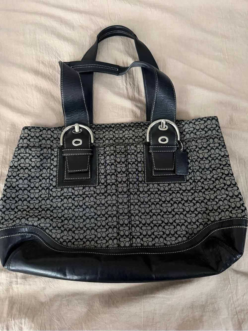 Coach Black & Gray Signature Pattern Shoulder Tote